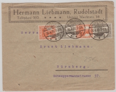 98 + 99b (je 2x) im Wertzeichengeber- 4er Streifen, auf Fernbrief von Rudolstadt nach Nürnberg