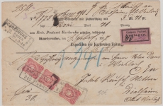 Nrn.: 33 (3x, dabei 1x ZW) als MeF auf NN- Brief von Karlsruhe nach Wiesloch