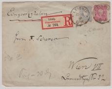 10 Pfg. GS- Umschlag (groß) + Nr.: 42 als Zusatzfrankatur auf Ausland- Einschreiben von Leisnig nach Wien