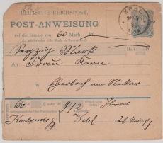 20 Pfg. Postanweisungs- Karte, gebraucht, von Kehl nach Eberbach, gepr. Jäschke- L. BBP!  Sehr selten!!!