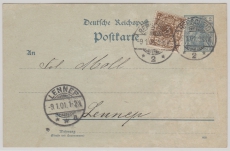 2 Pfg.- GS (P44IIA Reichspost) + Nr.: 45 als Zusatzfrankatur auf Postkarte von Remscheid nach Lennep, geprüft J.- L. BPP