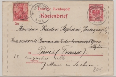 10 Pfg. (Krone- Adler) Kartenbrief- GS + Nr.: 56 als Zusatzfrankatur, Gelaufen von Johnsdorf nach Paris und dann nach Zittau