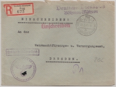 Durch Dt. Dienstpost B. + M., Einschreiben- Fernbrief von Prag nach Dresden
