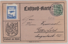 Nr.: 85, 1913, als EF auf Luftpostkarte (Luftpost am Rhein) von Düsseldorf nach Elberfeld, + Spendenvignette, 1. Lupo...
