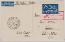 Schweiz, 25 Rp. EF, 1930, als Flugpost- Auslands- Fernpostkarte von St. Gallen nach Vaduz