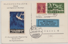 Schweiz, 25 Rp. MiF, 1927, als Flugpost- Fernpostkarte von Zürich nach Basel, mit schöner Vignette