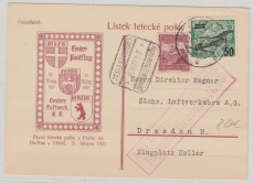 Tschechoslovakei, 1927, Auslands- Flugpostkarte von Prag nach Dresden, mit Abgangs- und  Transitstempeln