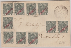 Österreich, ca. 1916, 1 Heller Portomarke, 10x als MiF auf Brief von ... nach Vinohrady