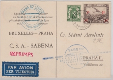 Belgien, 1937, Flugpostkarte mit 1,35 Fr. MiF zum SABENA- Erstflug von Brüssel nach Prag, schöne Postkarte auf Rs.