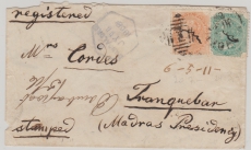 Indien, East India, 1868, 2 + 4 Annas in MiF auf Einschreiben- Fernbrief von Bangalore (?) nach Tranquebar (?) Selten!