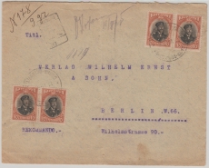 Bulgarien, 1918, 10 Stotinki (4x) als MeF auf Auslandseinschreiben von Gorna Orechovica nach Berlin