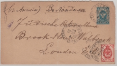 Russland, 1904 (?), 7 Kopeken GS- Umschlag (kl.) + 3 Kopeken als Zusatzfrankatur als Auslandsbrief nach London