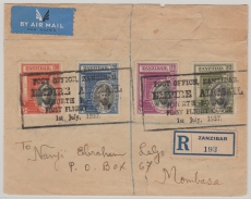 Zanzibar, 1937, Erstflugbrief mit netter MiF, auf Einschreiben- Lupo- Auslandsbrief von Zanzibar nach Mombasa