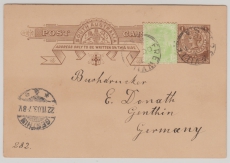 Australien, South- Australia, 1903, 1 P.- GS+ 1/2 d. Zusatzfrankatur als Postkarte von Frewville nach Genthin (D)
