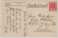 Ceylon, 1913, 6 Ct. EF auf Postkarte nach Berlin, rs. Schiffsansicht des Reichspostdampers Bühlow