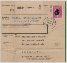B + M. 1943, 4 Kr. A.H. als EF auf Paketkarte von Iglau nach Chemnitz