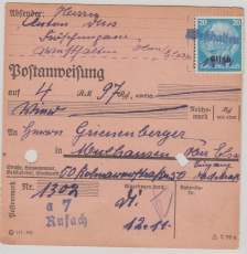 Dt. Bes. Elsass, Nr. 9 als EF auf Postanweisung über 4,97 RM, von Westhalten nach Mülhausen (Oberr- Els.) Sehr selten!