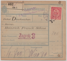 Österreich, 1910, Paketkarte für Drucksachen in EF, von Linz nach Zagreb
