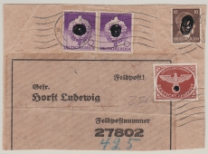 DR Felpostmarke 2 (u.a.) auf gr. Teil eines Päckchen- Adressaufkleber, für ein Päckchen von Greifswald- Front
