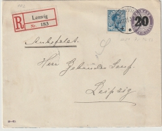 Dänemark, 1920, 20 Öre- Überdruck- GS- Umschlag + Zusatzfrankatur als Auslands- Einschreiben von Lemvig nach Hamburg