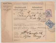 Finnland, 1923, 5 + 2 Mk. als MiF auf Paketkarte für ein Paket von Helsinki nach Sideby