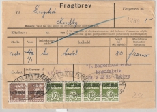 Dänemark, 1965, 2x 1 Kr. + 4x 10 Öre mit Postfaerge- Überdruck auf Frachtbrief, für 1 Brotpaket von Esbjerg nach Nordby