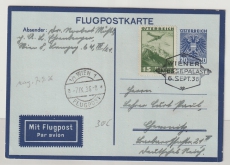 Österreich, 1936, 20 Gr. Flugpost- GS- Karte, + Zs-Frankatur, als Auslands- Flugpostkarte von Wien nach Chemnitz