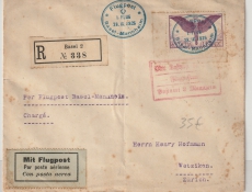 Schweiz, 1925, 1 Franc Flugpostausgabe vom ER, als EF auf Erstflugbrief von Basel nach Mannheim