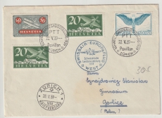 Schweiz, 1936, 155 Rp. Flugpost- MiF, auf Flugpost- Auslandsbrief (Swissair- Europaflug) von Zürich nach Gorlice (Polen)