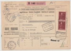 Schweiz, 1951, 2x 2 Fr. als reine MeF auf Auslands- Wertpaket- Karte, von La- Chaux- de Fonds nach Charleroi (Belgien)
