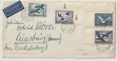 Österreich, 1955, 6,6 Sh. Flugpost- MiF aus Flugpostsatz Vögel, auf Flugpostbrief von Mittelberg nach Lüneburg (D.)