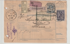 Österreich, 1908, 1 Kr. + 10 H. MiF auf Auslandspaketkarte von Wien nach Thun (CH)