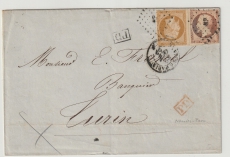 Frankreich, 1855 (?), 50 Centimes MiF auf Auslandsbrief von Nantes- Paris (Bahnpost?) nach Turin (I)