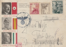 Spanien, 1940, Spanische Propagandakarte mit A.H., Mussolini und Franco- Abbildung, mit Zensur, von Spanien nach Tilsit