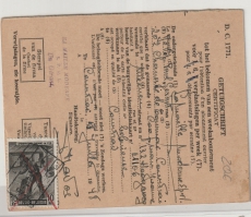 Belgien, 1948, 10 Fr. EF auf Arbeitsausweis (?) als Beglaubigungsgebühr verwendet (?) Hochinteressantes Stück!