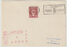 Vatikan, 1938, 5 Ct. EF auf Postkarte (ohne Text) mit 2 Propagandastempeln (AH in Rom), von Rom nach Milan (I)