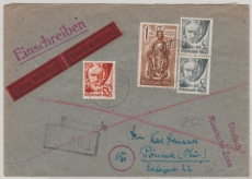 FRZ / Rheinland- Pfalz, 1 x 1 Mk. + 1x 60 Pfg. + 2x 2 Pfg. als MiF auf Einschreiben- Eilboten Fernbrief von Rübenach nach Pößneck