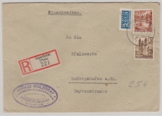 FRZ / Rheinland- Pfalz, 1x 40 Pfg. + 1x 20 Pfg. als MiF auf Einschreiben- fernbrief von Ingelheim nach Ludwigshafen
