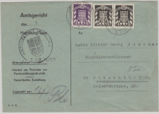 Saarland, DM Mi.- Nr.: 38 (2x) + 43 als MiF auf Umschlag für Postzustellungsurkunde von Homburg nach Altstadt