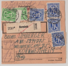 AM- Post, Mi. Nrn.: 2 (4x) + 9 (18x) vs + rs. auf Paketkarte für ein Paket von Hersfeld nach POW Camp Kornwestheim
