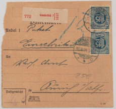 Infla, (DM) Mi.- Nr.: 31 (2x), MeF auf Innendienst- Einschreiben- Paketkarte von Osnabrück nach Aurich, Sehr selten!