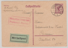 15 Pfg. Flugpost, graulila, Lupo- Karten- GS, (Mi.- Nr.: P169 b ?), gelaufen von Chemnitz nach Bremen, per Luftpost
