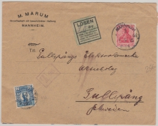 Kaiserreich, Mi.- Nr.: 86 I in MiF mit schwedischer Nachportofrankatur auf Auslandsbrief von Mannheim nach Gullspäng (S)