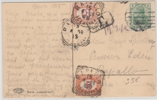 Kaiserreich, Mi.- Nr.: 85 I in MiF mit italienischer Nachportofrankatur auf Auslandskarte von Hamburg (?) nach Rapallo (I)