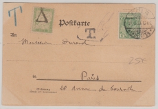 Kaiserreich, Mi.- Nr.: 70 in MiF mit französischer Nachportofrankatur auf Auslandskarte von Cöln (?) nach Paris (Fr.)