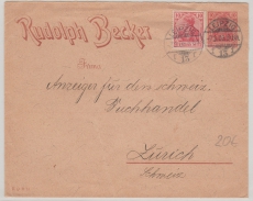 Kaiserreich, 10 Pfg.- privat- GS- Umschlag + Mi.- Nr.: 71 als Zusatzfrankatur, als Auslandsbrief von Leizig nach Zürich (CH)