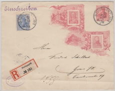 Kaiserreich, 10 Pfg.- privat- GS- Umschlag + Mi.- Nr.: 72 als Zusatzfrankatur, auf Einschreiben- Fernbrief von Stuttgart nach Greiz