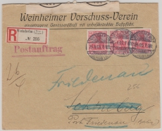 Kaiserreich, Mi.- Nr.: 71 (3x) als MeF auf Eingeschriebenem Postauftrag von Weinheim nach (Berlin-) Friedenau