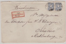 Pfennige, Mi.- Nr.: 34 (2x) als MeF auf Einschreiben- Fernbrief von Eupen nach Schwerin
