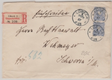 Pfennig, Mi.- Nr.: 42 (2x) als MeF verwendet als Einschreiben- Fernbrief von Lübeck nach Schwerin